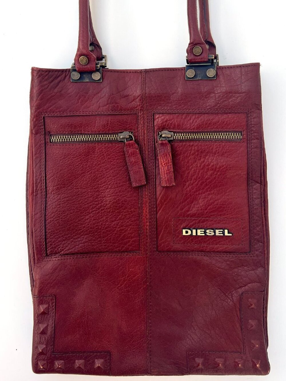 Share Authentic DIESEL Vintage Leather Tote Bag Burgundy Studded Y2K Shoulder